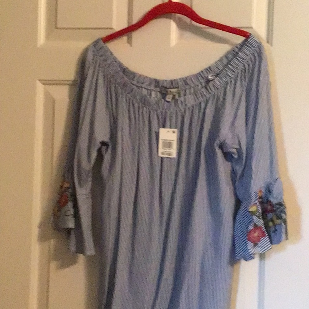 Blue Off-Shoulder Top with Floral Sleeves